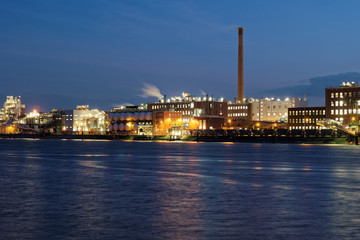 Chemical production plants in Ludwigshafen as seen from Mannheim in Germany.