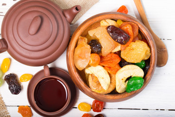 Bowl with dried fruit and tea-things