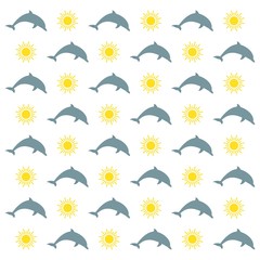 Summer background with yellow sun with sunrays and with the jumping dolphin on a white background