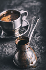 Coffee. Turkish coffee. Armenian Turkish coffee. Cezve and cup of coffee. Traditional serving coffee.