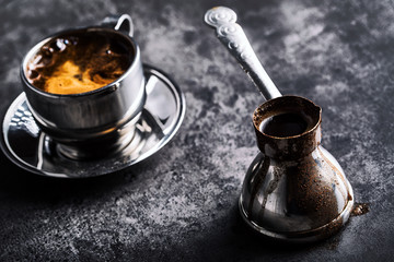 Coffee. Turkish coffee. Armenian Turkish coffee. Cezve and cup of coffee. Traditional serving coffee.