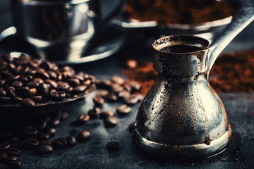 Coffee. Turkish coffee. Armenian Turkish coffee. Cezve and cup of coffee. Traditional serving...