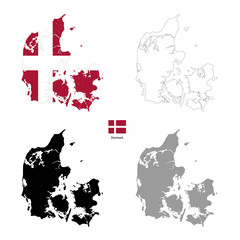 Denmark country black silhouette and with flag on background