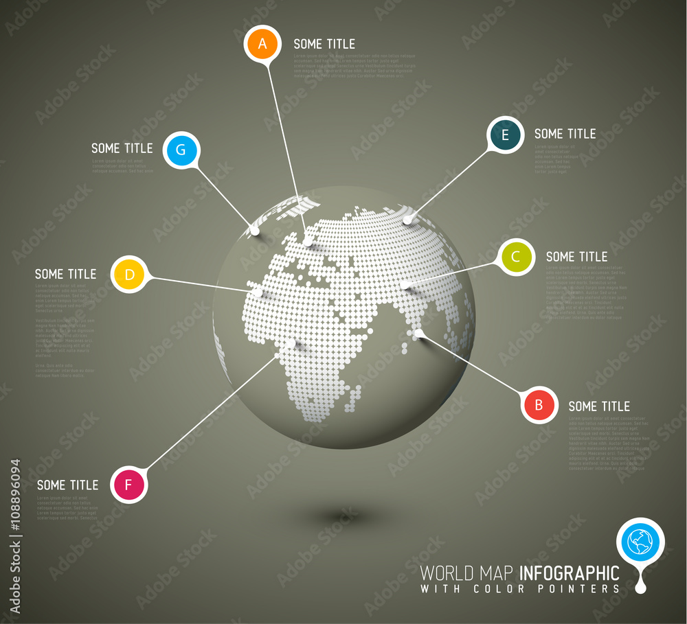 Poster world map globe with pointer marks