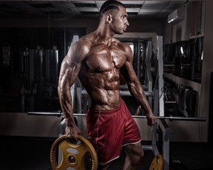 Fototapeta na wymiar fitness man bodybuilder with muscular torso workout with dumbbel