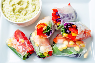 rainbow spring rolls with avocado white bean hummus