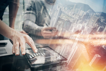 Finance working process.Double exposure photo woman showing business reports modern tablet,diagram screen.Banker manager holding pen for signs document, discussion startup idea.Horizontal. Film effect