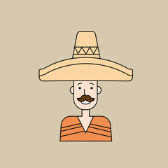 Man Wear Mexican Traditional Clothes Sombrero Thin Line 