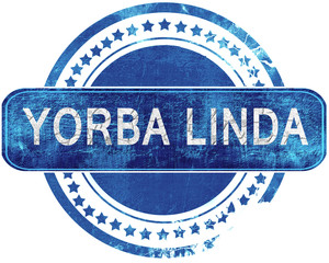 yorba linda grunge blue stamp. Isolated on white.