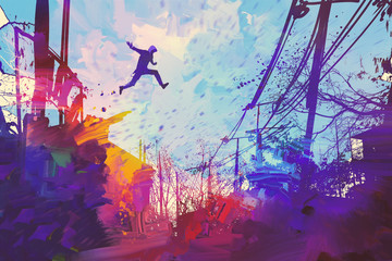 Mann springt auf dem Dach in der Stadt mit abstraktem Grunge, Illustrationsmalerei © grandfailure