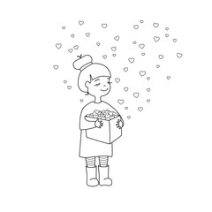 Vector black contour of nice little girl with box of hearts