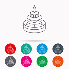 Cake icon. Birthday delicious dessert sign.