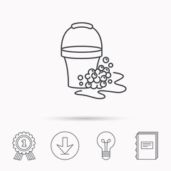 Soapy cleaning icon. Bucket with foam and bubble
