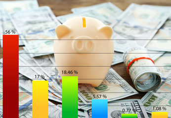 Business accounting concept. Piggy bank on pile of dollars background