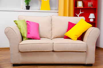 Modern interior design. Living room with sofa and bookcase