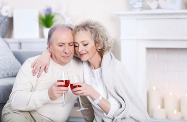 Happy mature couple drinking wine together at home