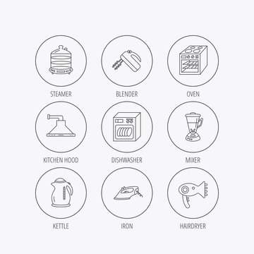 Dishwasher, kettle and mixer icons.