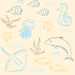 Sealife hand drawn seamless pattern