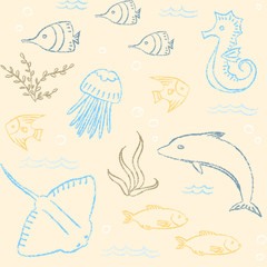 Naklejka premium Sealife hand drawn seamless pattern
