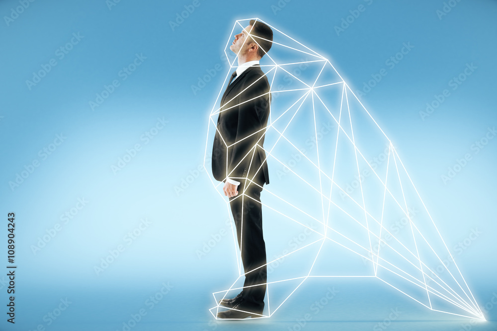 Poster a man stands in a digital interface