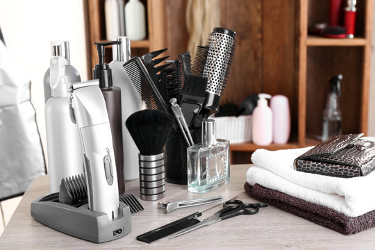 Professional hairdresser tools on table