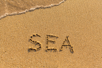 Sea -  written on sandy beach with the soft wave.