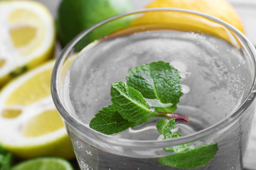 Glass of lemon soda with fresh mint, close up