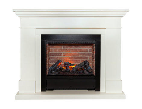 White artificial fireplace isolated on white background