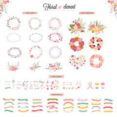 Fototapeta na wymiar Wedding elements collection. Hand drawn floral set with frames. flowers, leaves and ribbons. Vector elements for card. Save the Date and Invitation.