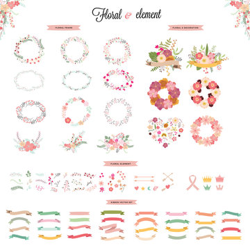 Wedding  elements  collection. Hand drawn floral set with frames. flowers, leaves and ribbons. Vector elements for card. Save the Date and Invitation.