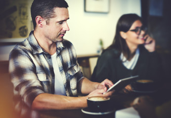 Coffee Shop People Meeting Browsing Device Concept