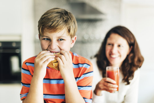 Parent Child Kid Meal Juice Bread Boy Starving Concept