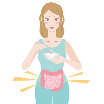 young woman who eats yogurt, probiotics image visual, vector illustration