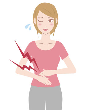 young woman who have a stomachache or period pain, illustration like handwriting