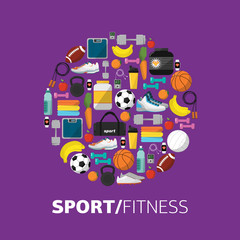 Sports equipment background concept. Flat vector icon design. Fitness symbol. Lifestyle activity sign. Ball, dumbbells, kettlebells and other sports equipment.