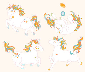 Pattern with cute unicorns, stars, hearts, clouds, rainbow and cakes, donuts. Magic background with little unicorns. Hand drawn colorful vector illustration. Unicorns colored collection.