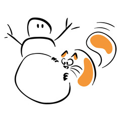 Cat hiding behind a snowman