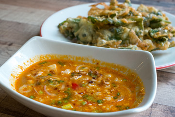 deep fried morning glory with spicy sauce