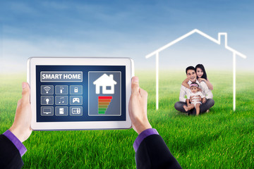 Smart house controller icons and Asian family
