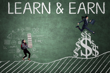 Woman with words of learn and earn