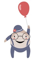 Happy stylized spectacled man with balloon isolated on white