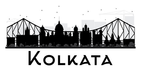 Kolkata City skyline black and white silhouette.