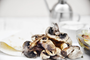 Roasted mushroom, leek and taco wrap with yogurt sauce
