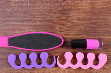 Obraz premium Cosmetics and accessories for manicure or pedicure, concept of foot, hand and nail care, copy space for text