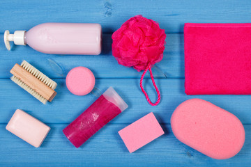 Accessories and cosmetics for personal hygiene in bathroom, concept of body care