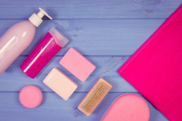 Vintage photo, Accessories and cosmetics for personal hygiene in bathroom, concept of body care, copy space for text