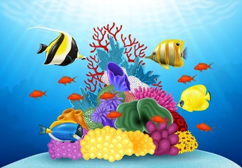 Fototapeta na wymiar Cartoon tropical fish with beautiful underwater world