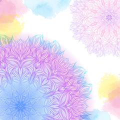 Vector  pink and blue mandala with watercolor stains. Decor for your design, lace ornament. Round pattern, oriental style