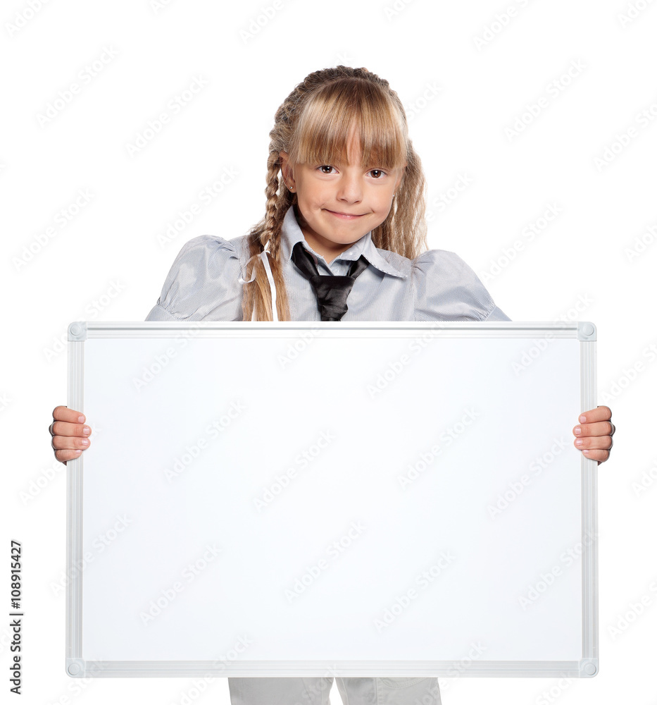 Wall mural Little girl with white blank