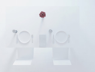 top view, plates, vase and the spoons on the table, 3d